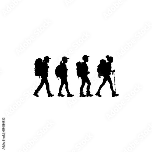 Set of silhouette of walking woman with backpack, hiking, trekking - vector illustration, 