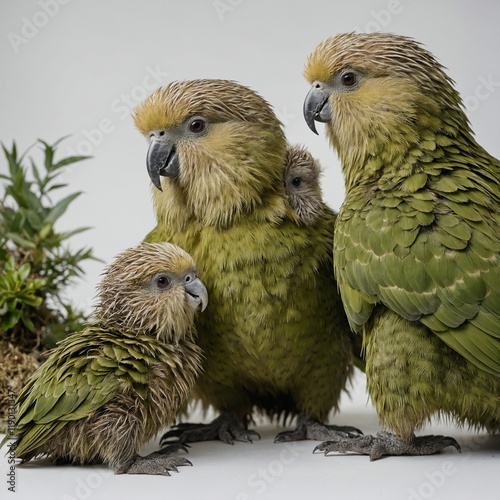 A Kakapo family with an adult and two chicks, white background. photo