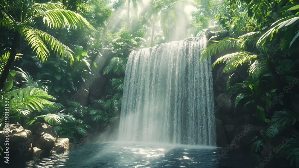 Tropical Rainforest Waterfall with Sunbeams Through Lush Foliage Tropical Rainforest Waterfall with Sunbeams Through Lush Foliage