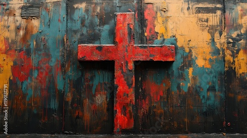 religious contemporary art painted cross on a wall with splashes of red and orange paint