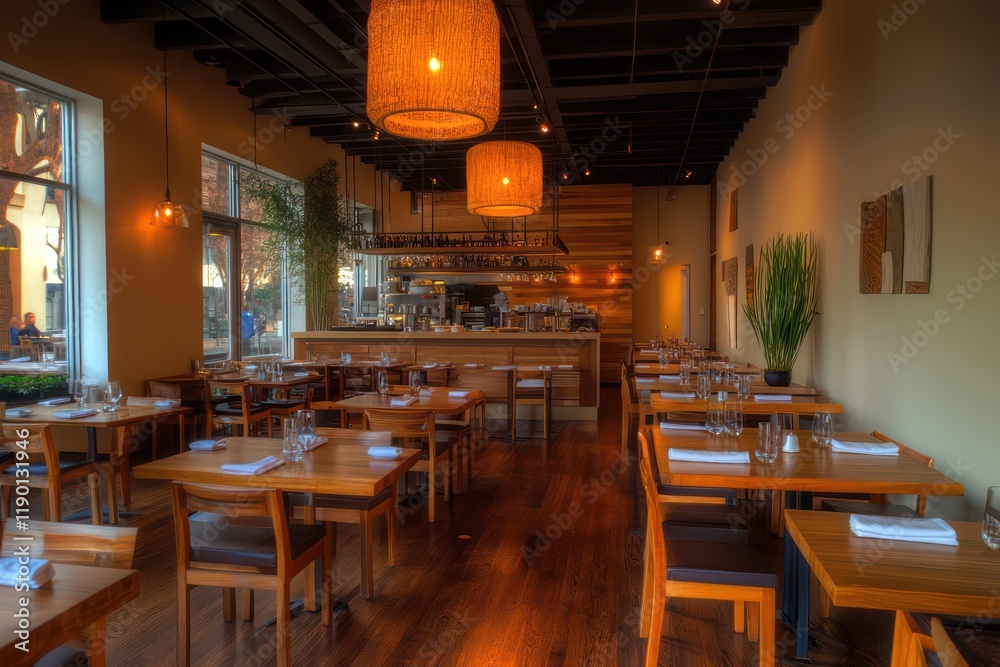 Obraz premium A restaurant with minimalist decor, warm wooden tables, and ambient lighting creating a cozy yet modern atmosphere