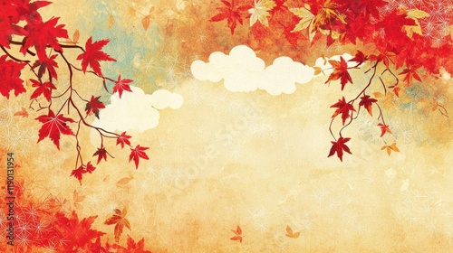 Traditional Japanese-style card featuring a gradient sky with clouds, red and gold autumn leaves, and hemp leaf motifs layered over a washi paper texture.