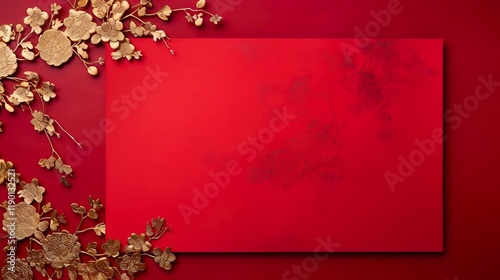 chinese gold ink  in red paper background Flat lay top view copy space