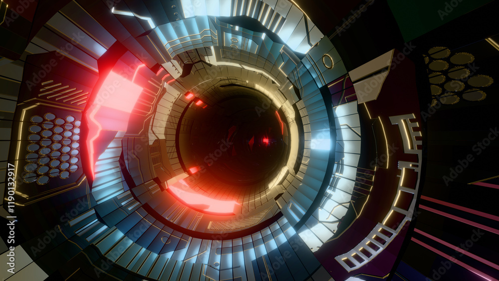 Inner image of a futuristic circular space station hard surface glowing created 3D rendered. Inner image of a futuristic circular space station hard surface glowing created 3D rendered.