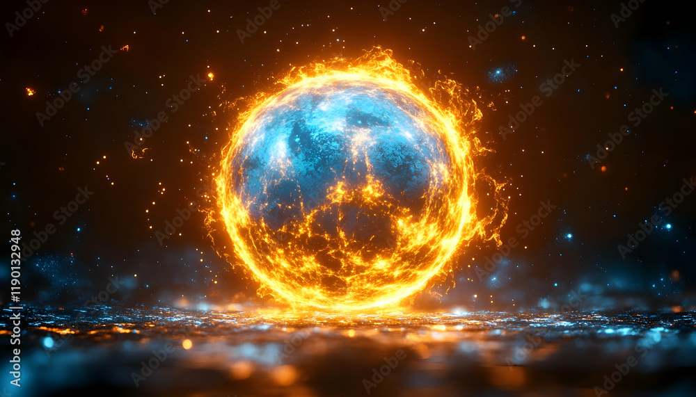 Fiery planet, cosmic background, energy concept Fiery planet, cosmic background, energy concept