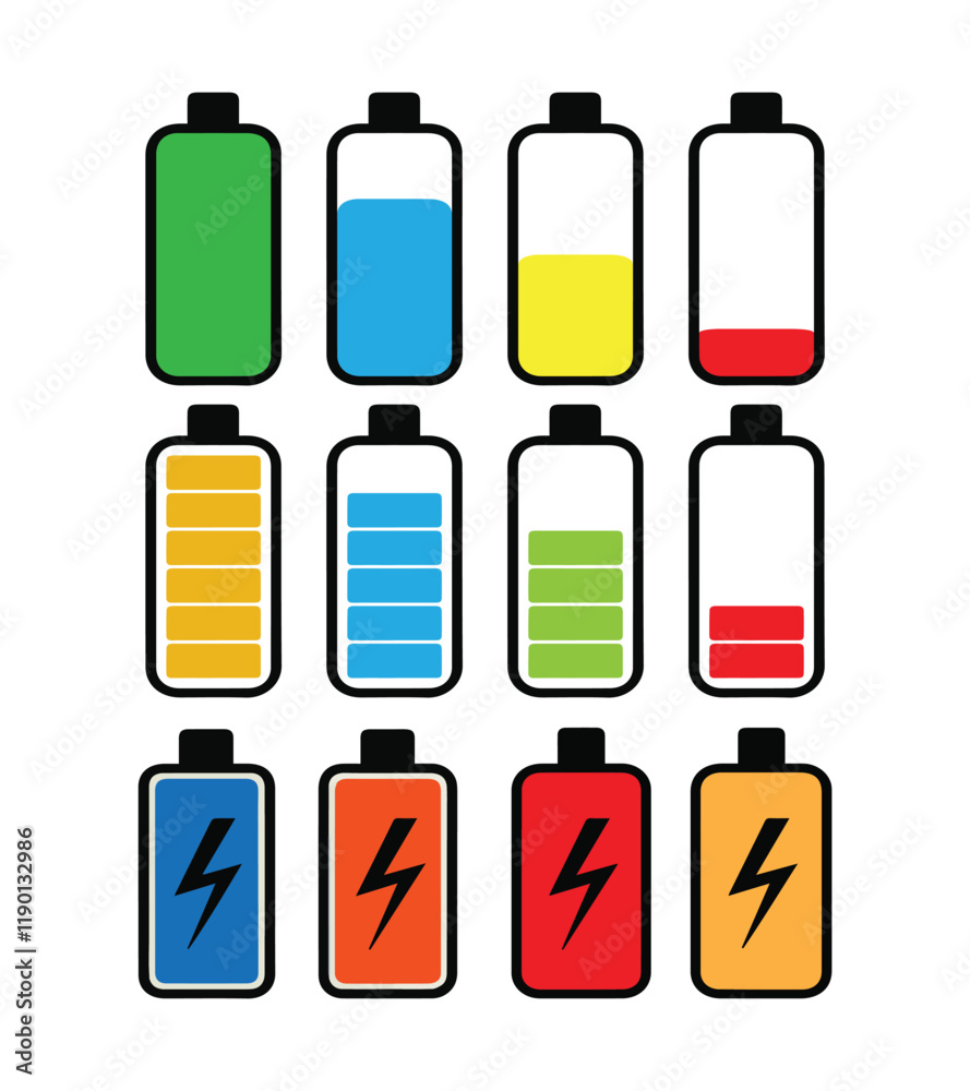 Illustration of a minimalist set of icons different battery charge levels and charging statuses, Battery charge flat icons in multiple colors. Battery charging, charge indicator. Illustration of a minimalist set of icons different battery charge levels and charging statuses, Battery charge flat icons in multiple colors. Battery charging, charge indicator.