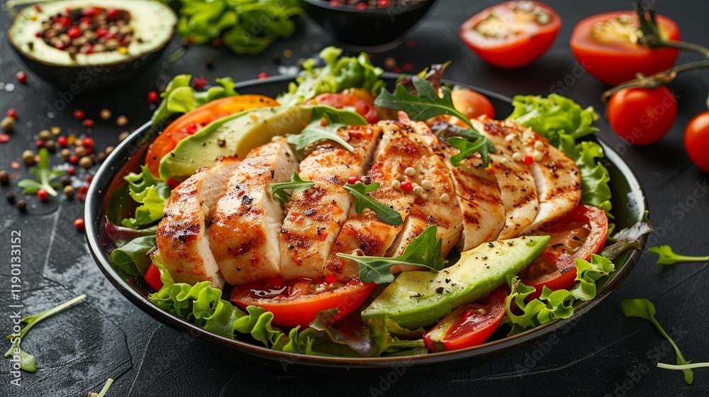 Grilled chicken meat and fresh vegetable salad of tomato, avocado, lettuce background Grilled chicken meat and fresh vegetable salad of tomato, avocado, lettuce background