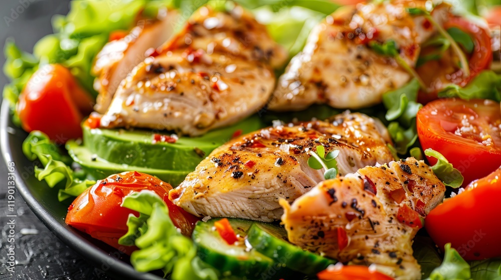 Grilled chicken meat and fresh vegetable salad of tomato, avocado, lettuce background Grilled chicken meat and fresh vegetable salad of tomato, avocado, lettuce background