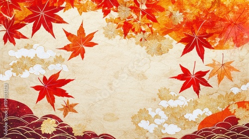 A festive year-end card with vibrant red and orange leaves, combined with golden hemp leaf motifs and subtle cloud patterns on Japanese paper.