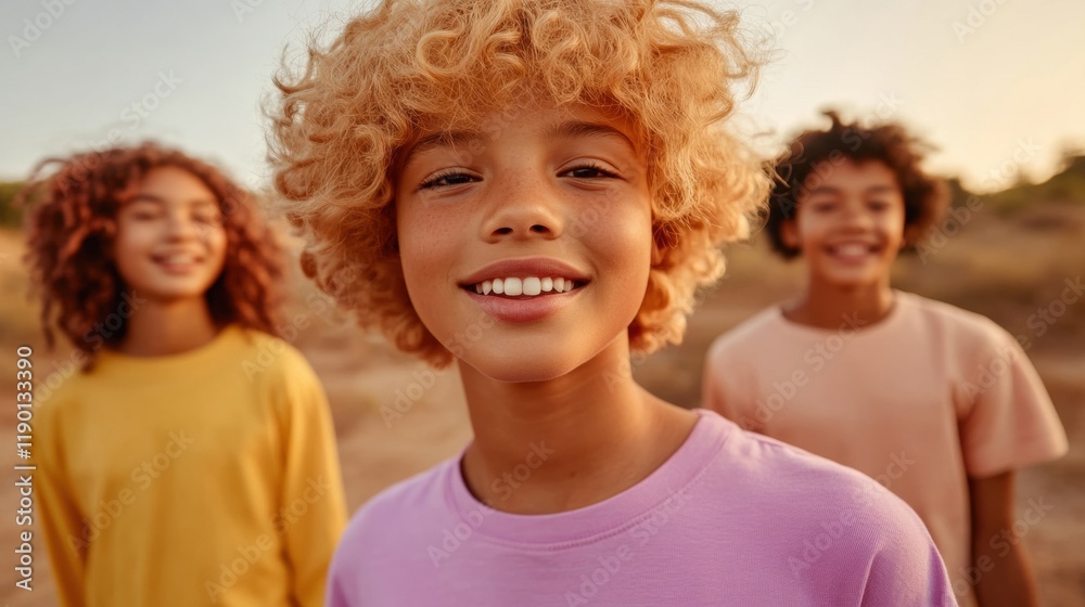 Three joyful young individuals with diverse hairstyles smile brightly while enjoying a warm day in an outdoor environment Three joyful young individuals with diverse hairstyles smile brightly while enjoying a warm day in an outdoor environment