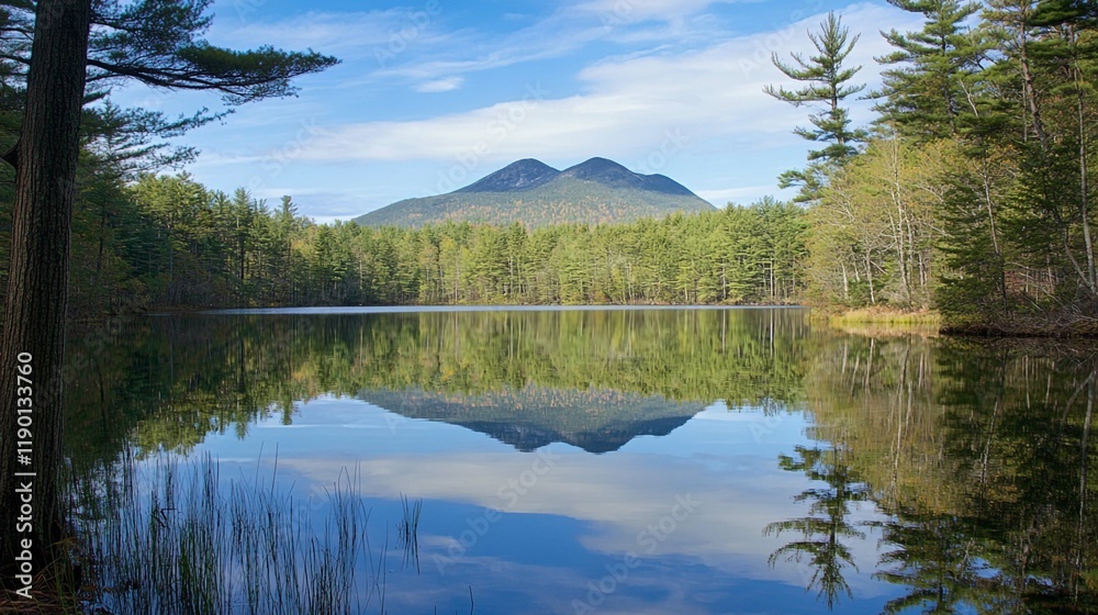 Fototapeta premium A landscape image displays a mountain reflected in a lake, framed by trees.