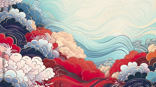 organic asian japanese line wave pattern oriental pattern traditional copy space with white background