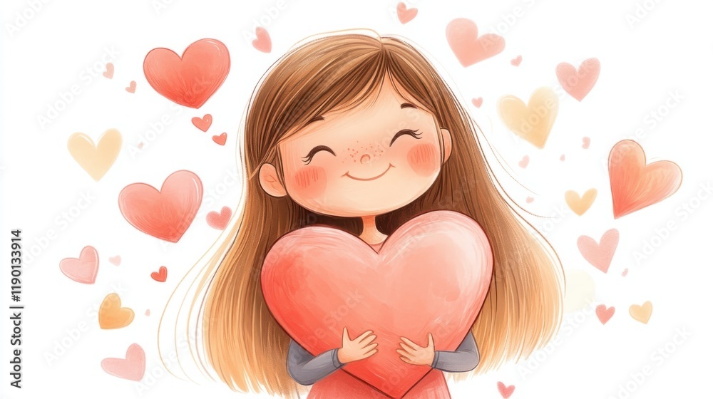 custom made wallpaper toronto digitalA smiling cartoon girl holding a heart-shaped pillow and surrounded by floating pastel hearts, perfect for Valentine Day, on white