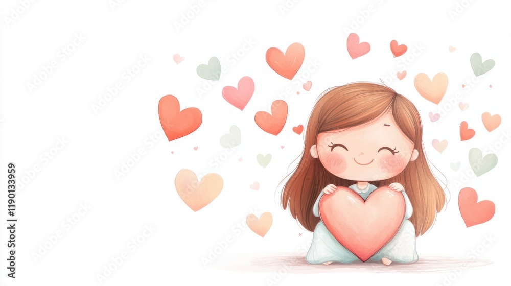A smiling cartoon girl holding a heart-shaped pillow and surrounded by floating pastel hearts, perfect for Valentine Day, on white A smiling cartoon girl holding a heart-shaped pillow and surrounded by floating pastel hearts, perfect for Valentine Day, on white