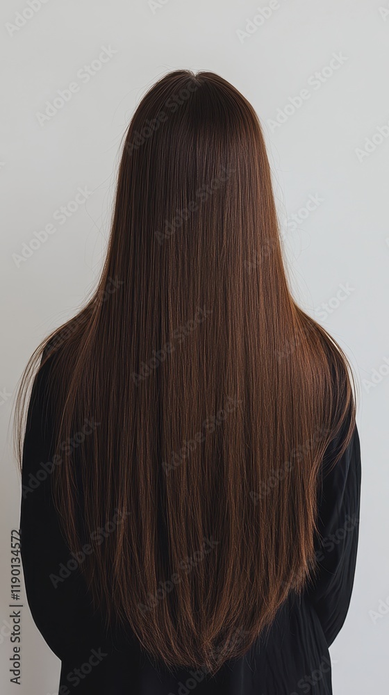 Naklejka premium Beautiful model girl with Brown hair strand,silky healthy chestnut wavy hair strand,hair wavy ribbon, with smooth,Keratin straightening,Treatment,straight long hair,procedures,Smooth hairstyle.