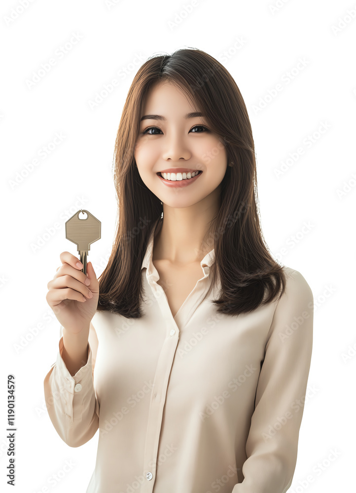 Key holding woman portrait studio lifestyle image bright setting Key holding woman portrait studio lifestyle image bright setting