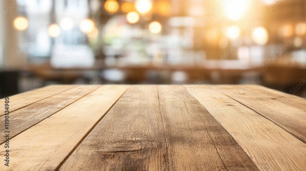 Soft lighting creates a warm atmosphere in a cafe, highlighting the empty wooden table ready for guests to enjoy their coffee or meals