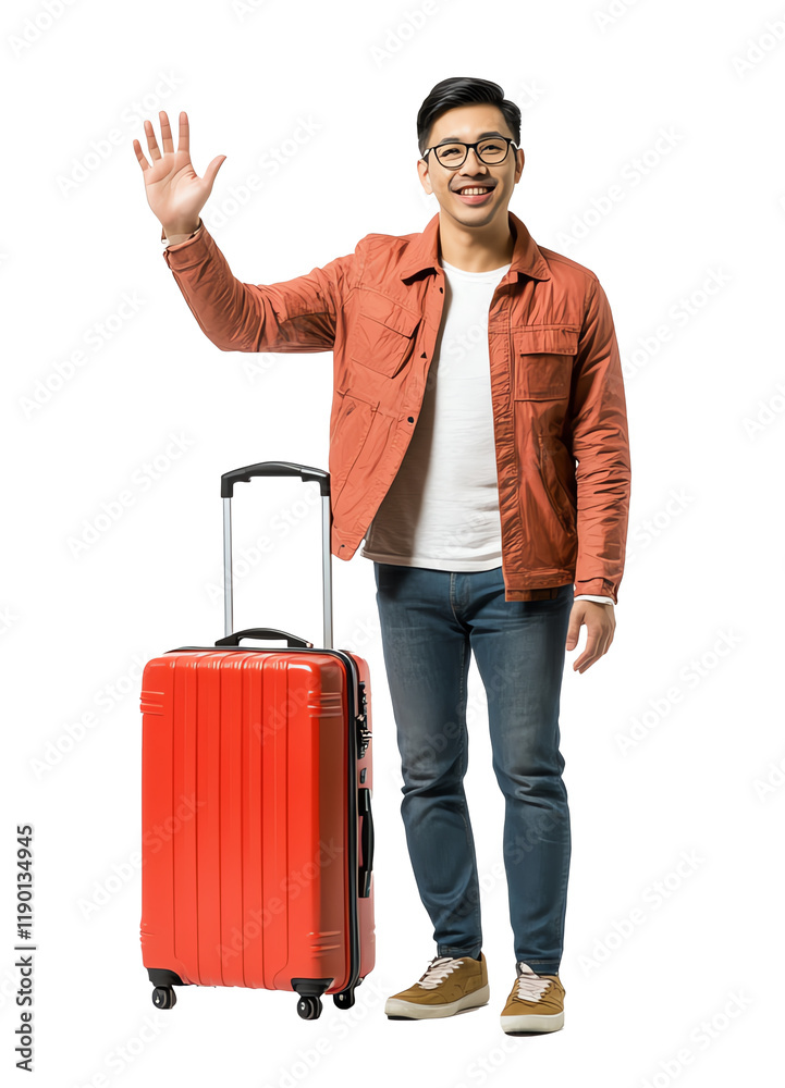 Traveling man waving goodbye at airport lifestyle studio cheerful Traveling man waving goodbye at airport lifestyle studio cheerful