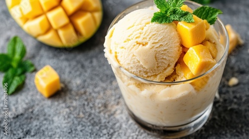 Creamy mango ice cream layered with fresh mango pieces and garnished with mint, perfect for a hot summer day photo