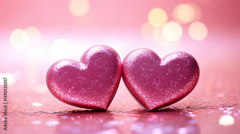 Obraz premium Valentines day festive background with two hearts In Shiny multicolor Background Valentine's Day glitter background