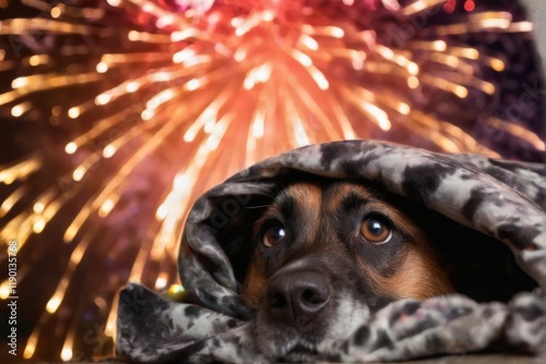 Curious mediumsized breed dog peeking from under blanket with festive fireworks in background photo