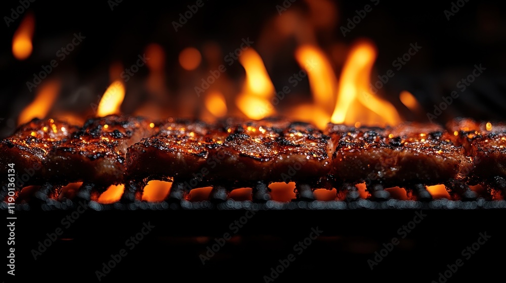 Close-up of sizzling meat grilling over open flames on a barbecue grill. Close-up of sizzling meat grilling over open flames on a barbecue grill.