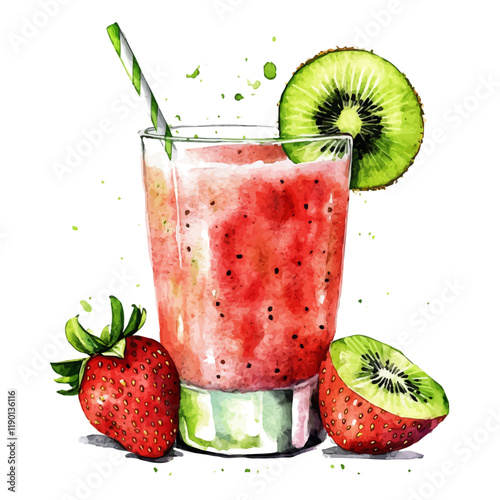 A watercolor of kiwi strawberry juice, isolated on a white background. Kiwi strawberry juice vector.
