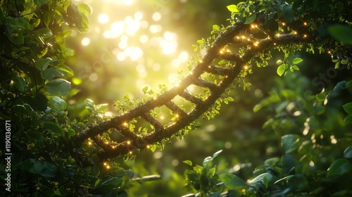 DNA helix formed by plants, glowing at sunset. photo