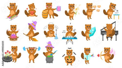 Big Set Abstract Collection Flat Cartoon Different Animal Beavers Vector Design Style Elements Fauna Wildlife