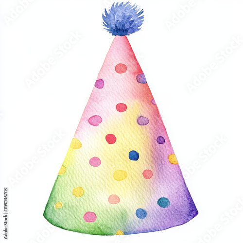 Colorful party hat with polka dots and pom pom on top, perfect for celebrations