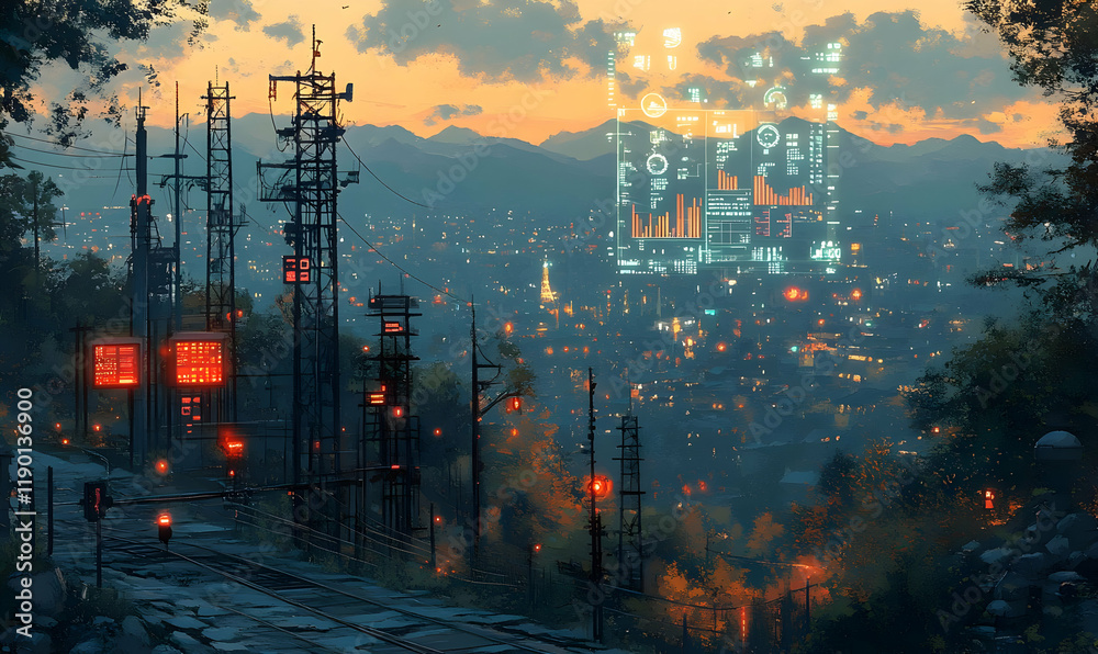 Obraz premium Sunset city train tracks, digital overlay, mountain backdrop