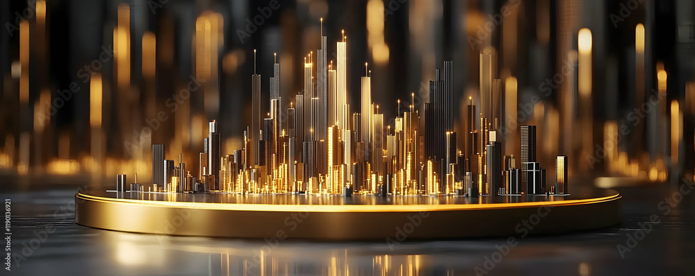 Golden city model, night lights, presentation Golden city model, night lights, presentation