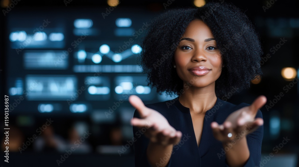 Obraz premium A woman with curly hair is smiling and holding her hands out in front of her