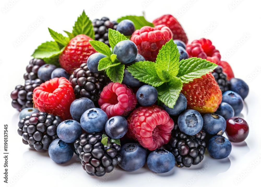 Vibrant raspberries, blueberries, and blackberries burst against a crisp white backdrop. Vibrant raspberries, blueberries, and blackberries burst against a crisp white backdrop.