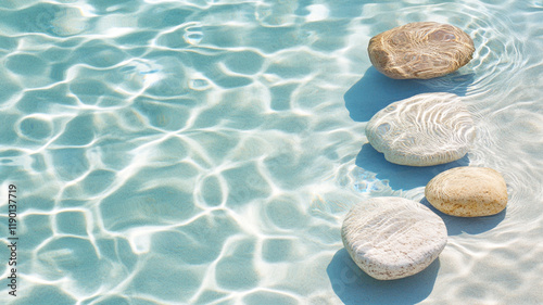 tranquil spa rocks floating on rippling swimming pool water with turquoise reflection create peaceful zen atmosphere