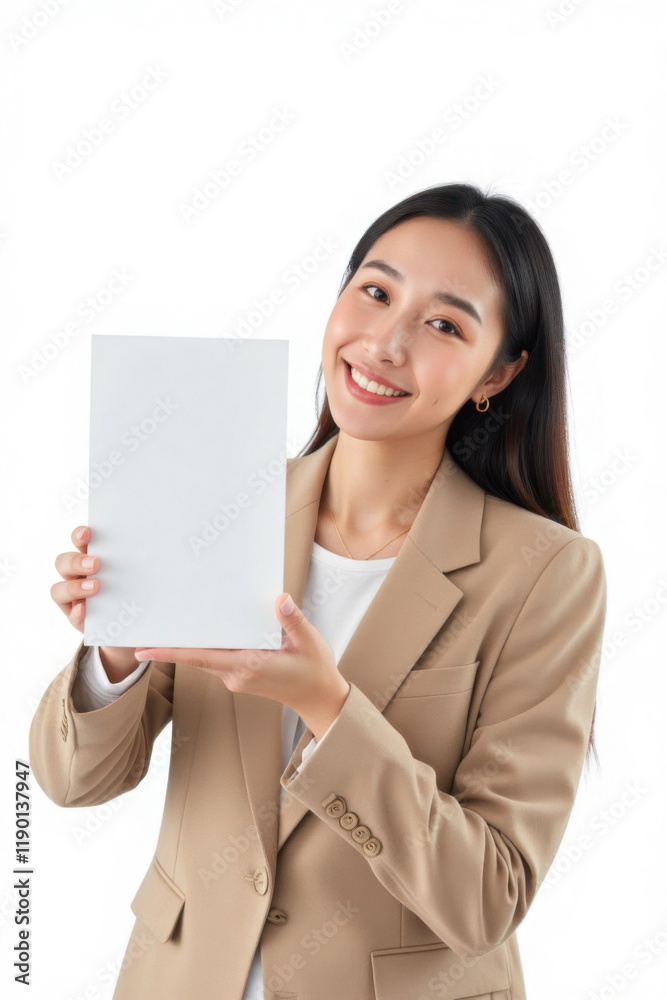 asian woman holding a white sheet of paper. They are wearing a light brown blazer over a white shirt. The background is plain white asian woman holding a white sheet of paper. They are wearing a light brown blazer over a white shirt. The background is plain white