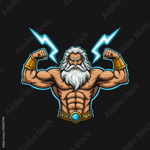 A powerful, muscular god figure flexing his biceps with lightning bolts behind him; a striking depiction of strength and might.