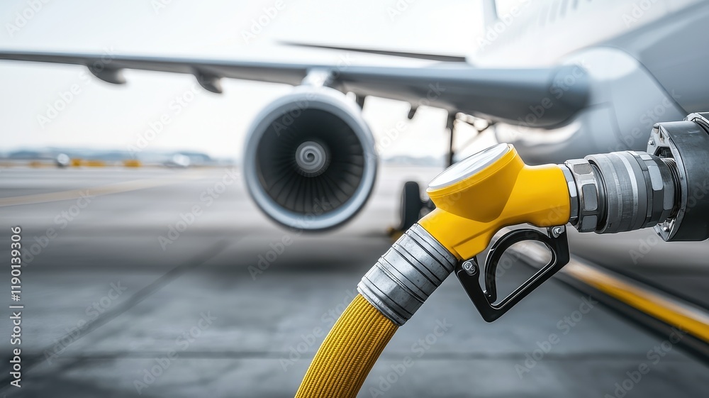 A fuel nozzle is positioned near an aircraft, ready for refueling, with an airplane wing and engine visible in the background. A fuel nozzle is positioned near an aircraft, ready for refueling, with an airplane wing and engine visible in the background.
