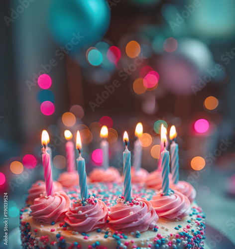 Closeup of a fancy colorful birthday cake with lit candles