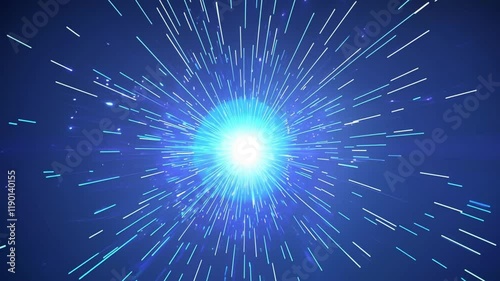 Futuristic Digital Network Animation with Glowing Blue Sphere and Radiant Light Lines Showcasing Data Flow in a High-Tech Abstract Design