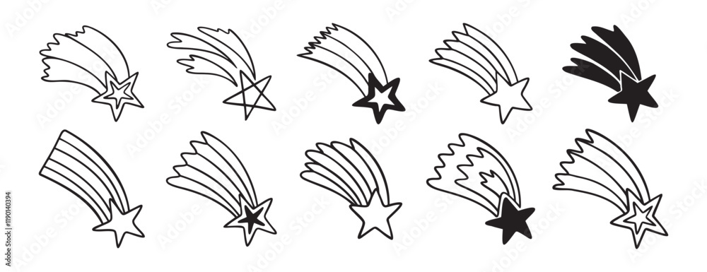 Fototapeta premium falling stars doodle hand drawn icon set. Outline drawing making a wish falling star line clipart symbol collection
