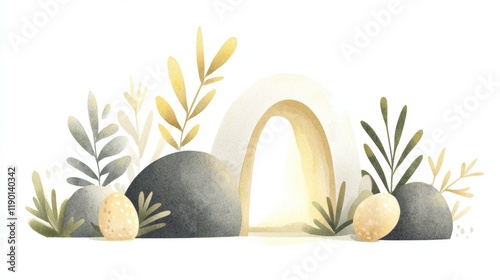 Peaceful dawn in a serene minimalist landscape with soft hues and delicate foliage