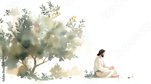 Peaceful contemplation under an olive tree in watercolor art