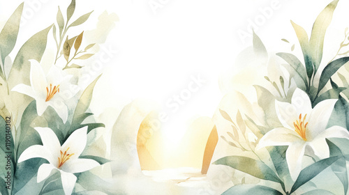 Tranquil sunrise with delicate watercolor lilies and lush greenery