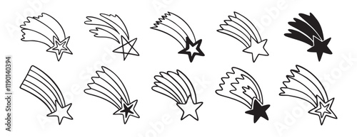 falling stars doodle hand drawn icon set. Outline drawing making a wish falling star line clipart symbol collection