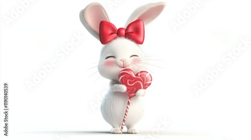 A cute cartoon rabbit wearing a festive bow and holding a lollipop shaped like a heart, smiling sweetly, on a clean white background