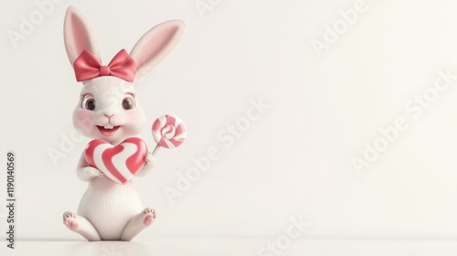 A cute cartoon rabbit wearing a festive bow and holding a lollipop shaped like a heart, smiling sweetly, on a clean white background