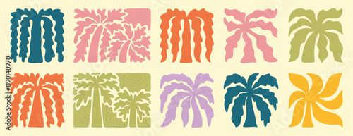 abstract boho palm tree tropical art set. retro groovy wavy summer palms. vector square tropical icons in hand drawn style for logo, print, poster, social media