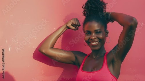 A stunning black woman showcases her strength by flexing her arm muscles pink wall. AccelerateAction Happy International Women's day copy space