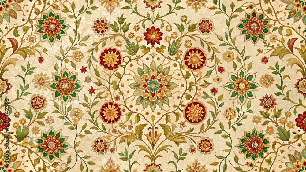 Intricate floral pattern with golden hues and Mughal-inspired motifs on a soft beige background, traditional patterns, mughal art Intricate floral pattern with golden hues and Mughal-inspired motifs on a soft beige background, traditional patterns, mughal art